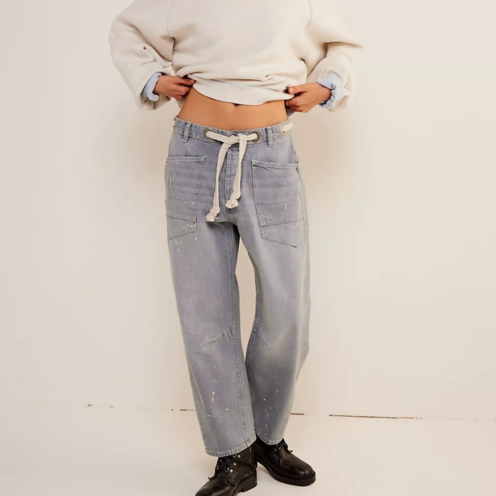 Free People Light Wash Cropped Jeans with Drawstring